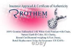 0.51 CT D SI1 Solitaire Diamond Pendant Necklace 14K White Gold 54438277