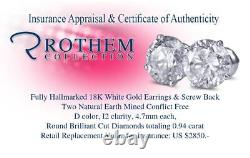 0.94 Carat D I2 Solitaire Diamond Stud Earrings Round 18K White Gold 54422294