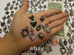 1000 HEARTS MILAGROS Old Silver Color mexican folk art, wholesale lot, 2 pounds