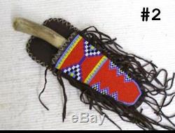 11 Native American Algonquin Made & Designed Beaded Fringed Sheath & Knife