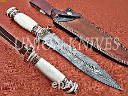 14 Custom Handmade Damascus Steel Dagger Hunting Knife With Camel Bone Handel