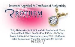$23,350 Yellow Gold Solitaire Diamond Pendant Necklace 2.50 CT 14K I1 54694278