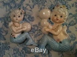 2 Mermaid figure Wall Plaques Blue Tails Pearl Bubbles TILSO JAPAN Vtg EXC
