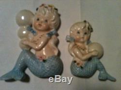 2 Mermaid figure Wall Plaques Blue Tails Pearl Bubbles TILSO JAPAN Vtg EXC