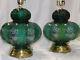 2 Vintage Fenton Beaded Melon Green Table Lamps With Floral Pad Stamped Design