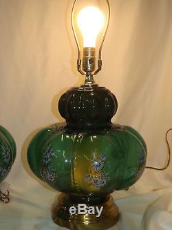 2 Vintage Fenton Beaded Melon Green Table Lamps with Floral Pad Stamped Design