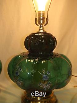 2 Vintage Fenton Beaded Melon Green Table Lamps with Floral Pad Stamped Design