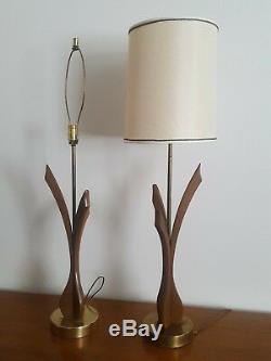 2 Vtg Mid Century Modern Brass & Wood 39 Table Lamps, Eames style