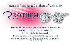 3.12 Carat Solitaire Diamond Earrings White Gold Stud ctw I3 $12,650 03253919