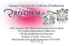 $3,300 Solitaire Diamond Stud Earrings 1.07 CT Yellow Gold SI2 Studs 53806354