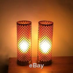 50'S 60's Vintage Mid-Century Modern Pair of Amber Cylinder Table Lamps