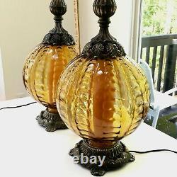 A+ PAIRAuthenticVintageMid-Century Modern Retro Blown Amber Glass Globe Lamps