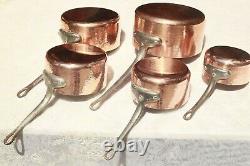 Antique French Copper Saucepan Pan Set 5 Hammered Hand Tinned 2mm 14.3lbs