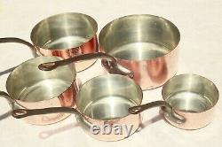 Antique French Copper Saucepan Pan Set 5 Hammered Hand Tinned 2mm 14.3lbs