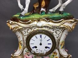 Antique Old Paris Porcelain Clock With Cavalier (c. 1850) Floral Gold Pink