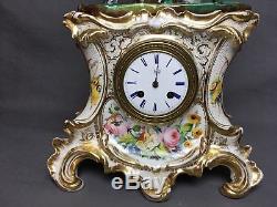 Antique Old Paris Porcelain Clock With Cavalier (c. 1850) Floral Gold Pink