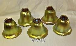 Art Glass shades, Gold Favril, Tiffany style, Bell shade. Set of 5