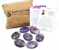 Bulk 50 Pcs KIT Natural Amethyst Thumb Worry Stone with Pouch & Crystal Info Card