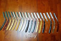COLLECTORS Lot of 18 Vintage Straight Razors-In Rolled Leather Storage Holder