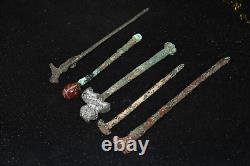 Collection of 5 Ancient Roman Bronze Hairpin & Stamps Circa 1st 5th Century AD