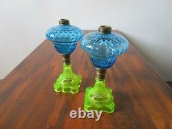 Composite blue and vaseline glass kerosene lamp c. 1880 set of 2