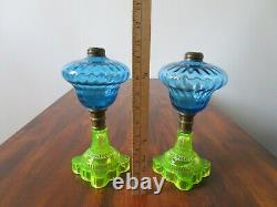 Composite blue and vaseline glass kerosene lamp c. 1880 set of 2