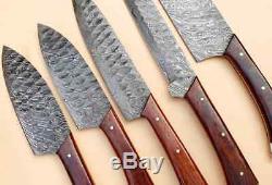 Custom Handmade Damascus Kitchen/Chef Knife Set 5 Pieces Rose Wood Handle