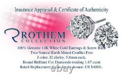 Diamond Stud Earrings 1.67 Carat Real Studs for Women White Gold J I2 54090204