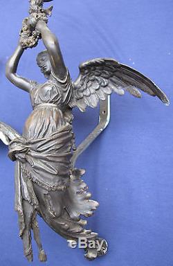 Early 1900's Art Nouveau Bronze Lighted Sconces Figural Cherub Angel Women pair