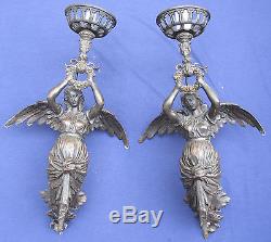 Early 1900's Art Nouveau Bronze Lighted Sconces Figural Cherub Angel Women pair