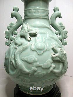 Exquisite Pair of Large Vintage Wildwood Asian Celadon Porcelain Dragon Lamps