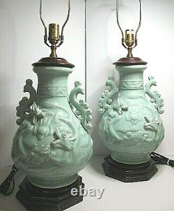 Exquisite Pair of Large Vintage Wildwood Asian Celadon Porcelain Dragon Lamps