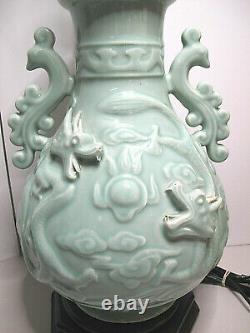 Exquisite Pair of Large Vintage Wildwood Asian Celadon Porcelain Dragon Lamps