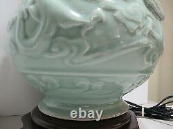 Exquisite Pair of Large Vintage Wildwood Asian Celadon Porcelain Dragon Lamps