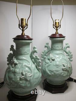 Exquisite Pair of Large Vintage Wildwood Asian Celadon Porcelain Dragon Lamps