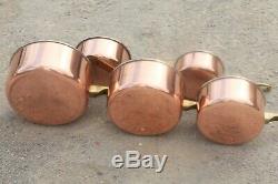 Heavy Vintage Copper Pan Set 5 With Brass Bronze Handles Lined 8.6lbs
