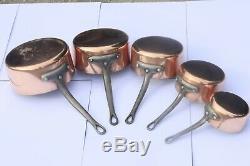Heavy Vintage French Copper Pan Saucepan Set 5 Tin Lined Cast Iron 9.3lbs