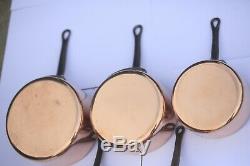 Heavy Vintage French Copper Pan Saucepan Set 5 Tin Lined Cast Iron 9.3lbs