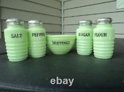 Jeannette Light Jadite Green 5 Piece Shaker And Drip Jar Set