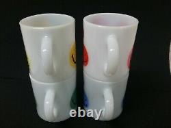 LOT 4 vintage milk glass coffee mugs HAPPY SMILEY FACE MUG