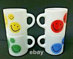 LOT 4 vintage milk glass coffee mugs HAPPY SMILEY FACE MUG