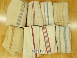LOT of 8 Vtg Antique 1800s MIXED STRIPE HEMP LINEN fabric FEED SACK GRAIN BAGS