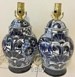 Lamp Mexican Talavera Pottery Ginger Jar Pair Table Light Blue Folk Art 13