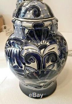 Lamp Mexican Talavera Pottery Ginger Jar Pair Table Light Blue Folk Art 13
