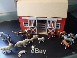 Large Lot Schleich Red Barn and Barnyard Animals Cow Bull Dog Horses FARM STABLE