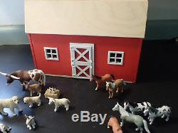 Large Lot Schleich Red Barn and Barnyard Animals Cow Bull Dog Horses FARM STABLE