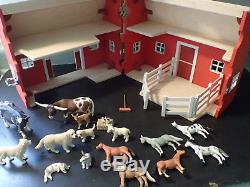 Large Lot Schleich Red Barn and Barnyard Animals Cow Bull Dog Horses FARM STABLE