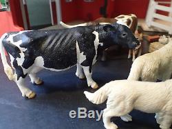 Large Lot Schleich Red Barn and Barnyard Animals Cow Bull Dog Horses FARM STABLE