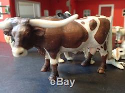 Large Lot Schleich Red Barn and Barnyard Animals Cow Bull Dog Horses FARM STABLE
