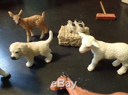 Large Lot Schleich Red Barn and Barnyard Animals Cow Bull Dog Horses FARM STABLE